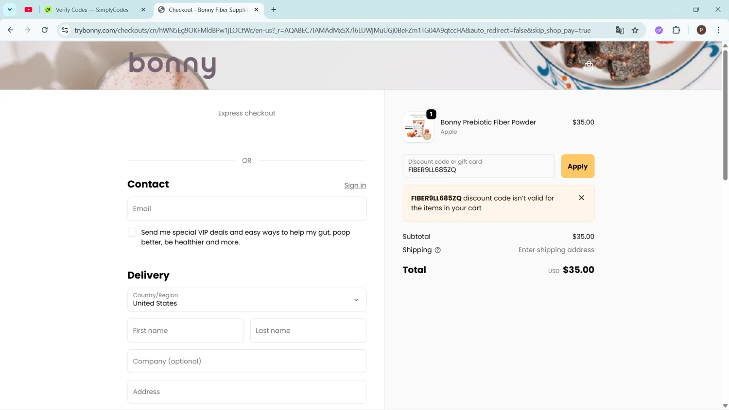 Bonny discount code screenshot showing code FIBER9LL685ZQ applied at Bonny checkout page. Uploaded by SimplyCodes community member ShrewdPro2243 on Nov 13, 2025