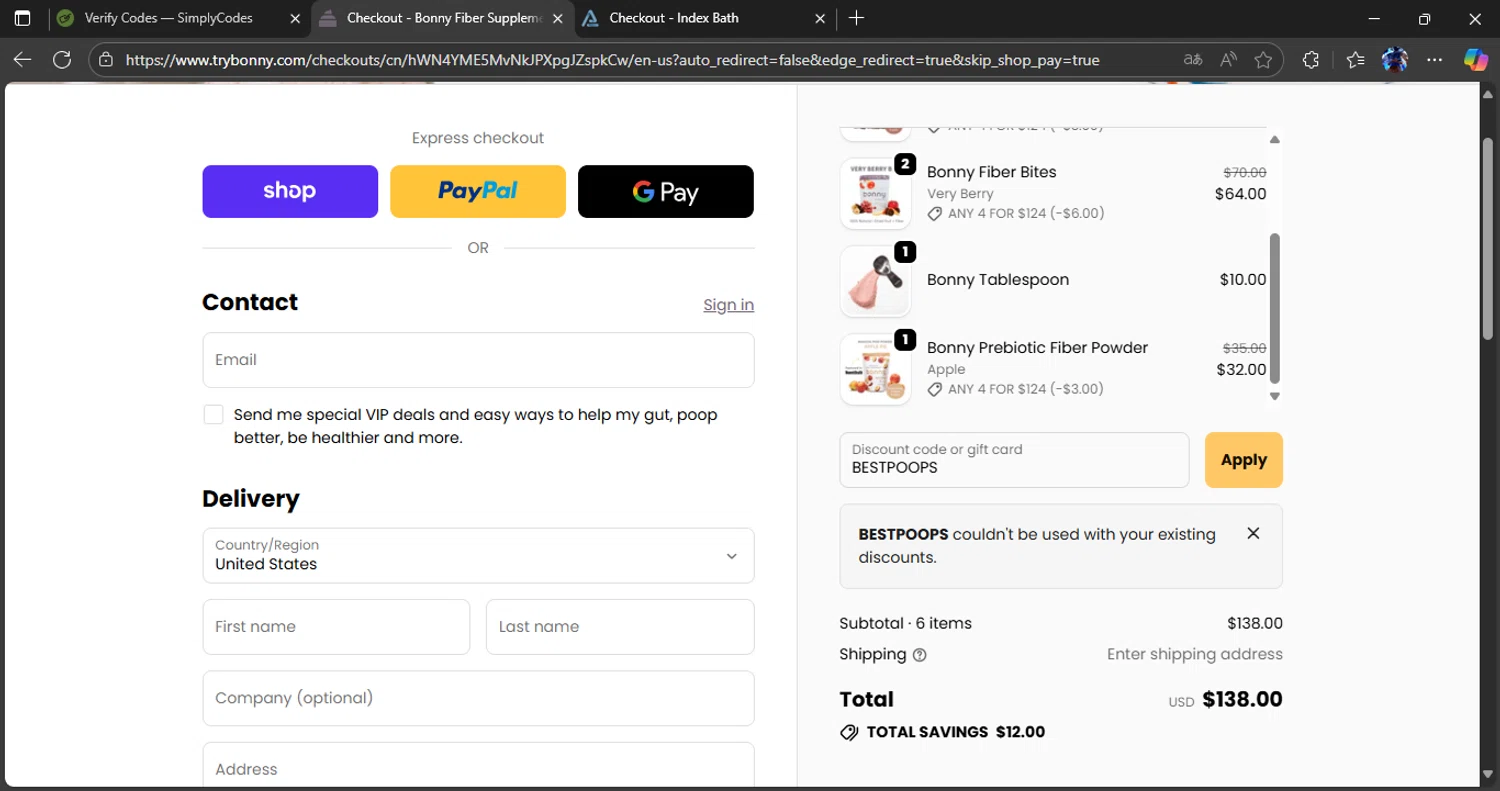 Bonny discount code screenshot showing code BESTPOOPS applied at Bonny checkout page. Uploaded by SimplyCodes community member Alichi04 on Oct 26, 2025