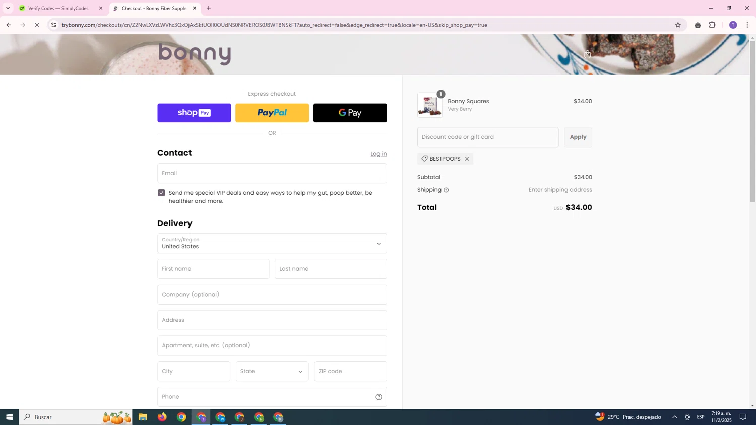 Bonny discount code screenshot showing code BESTPOOPS applied at Bonny checkout page. Uploaded by SimplyCodes community member FortunateCurator5882 on Feb 11, 2025
