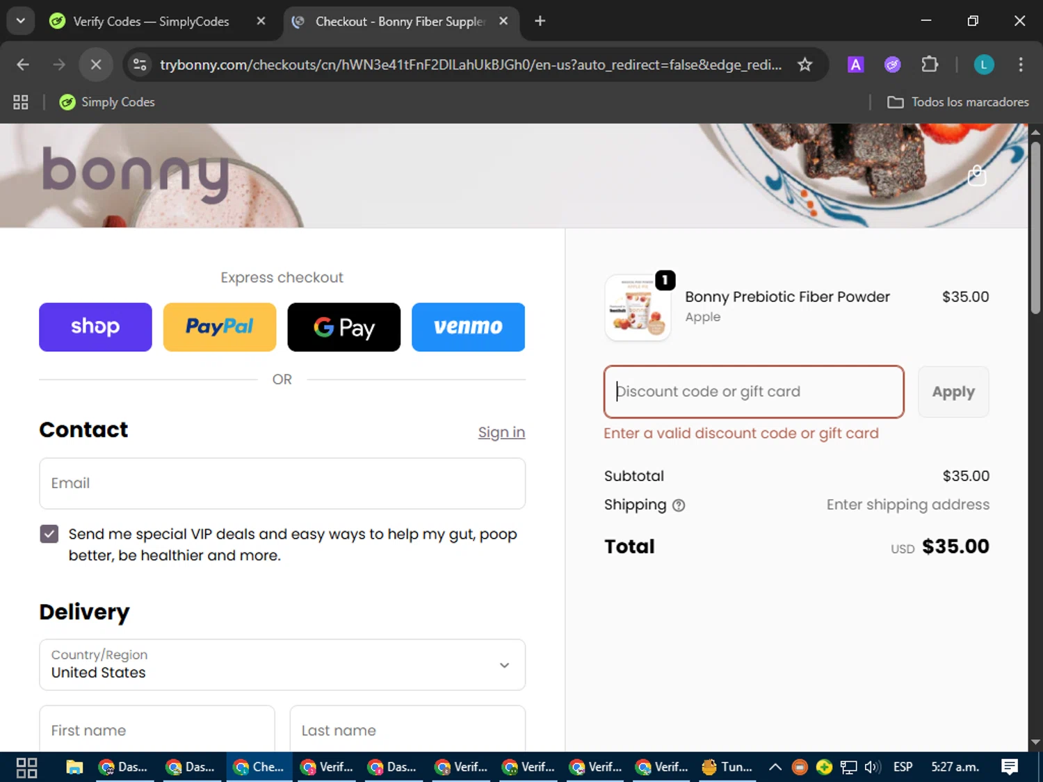Bonny discount code screenshot showing code ELITEPOOPER15 applied at Bonny checkout page. Uploaded by SimplyCodes community member LuckyLegend792 on Oct 2, 2025