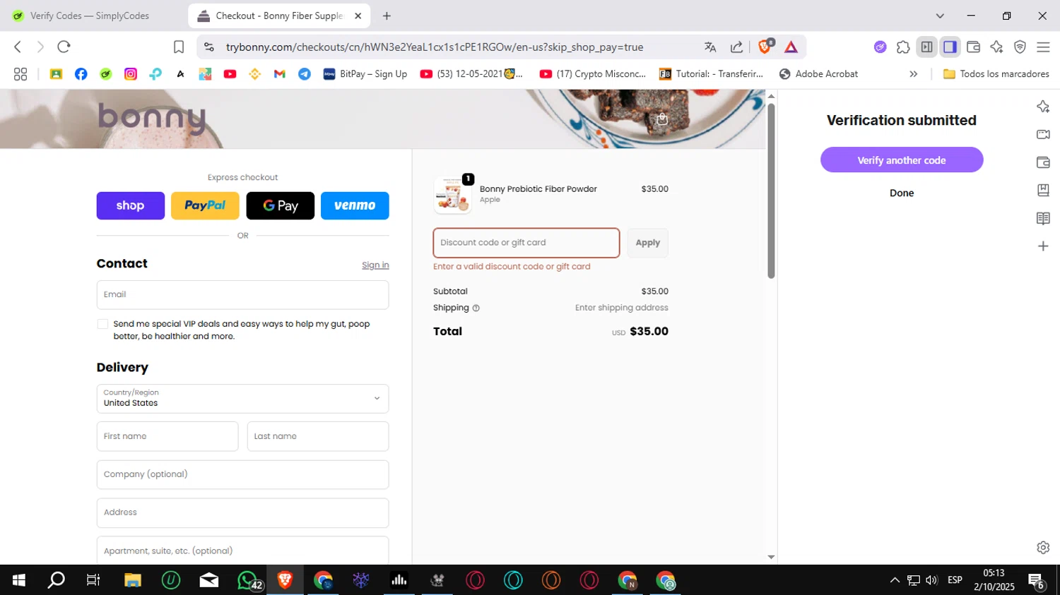 Bonny discount code screenshot showing code ELITEPOOPER15 applied at Bonny checkout page. Uploaded by SimplyCodes community member Sungjinwoo on Oct 2, 2025