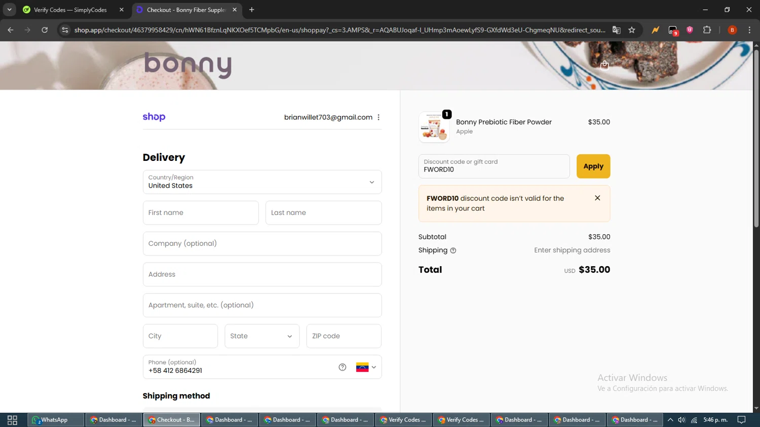 Bonny discount code screenshot showing code FWORD10 applied at Bonny checkout page. Uploaded by SimplyCodes community member BrilliantLynx7174 on Dec 3, 2025