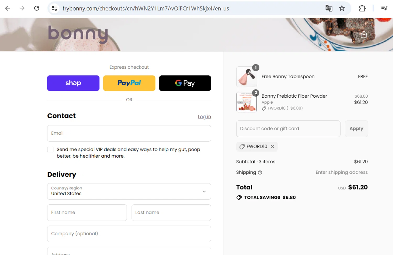 Bonny discount code screenshot showing code FWORD10 applied at Bonny checkout page. Uploaded by SimplyCodes community member BB9542251456527 on Sep 4, 2025