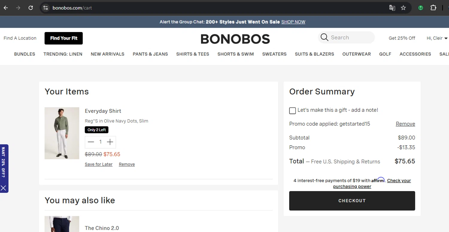 Bonobos promo code screenshot showing code GETSTARTED15 applied at Bonobos checkout page. Uploaded by SimplyCodes community member RoyalSpotter5217 on Jun 29, 2025