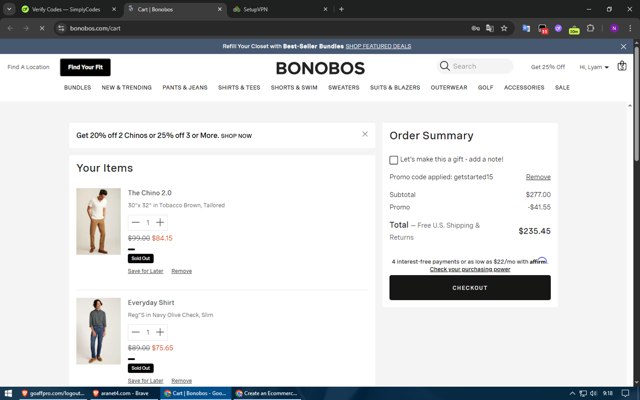 Bonobos checkout page showing Bonobos promo code box | Screenshot taken by SimplyCodes community member on Aug 24, 2025