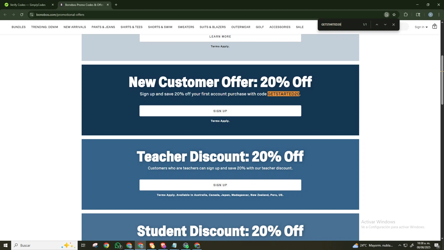 Bonobos promo code screenshot showing code GETSTARTED20 applied at Bonobos checkout page. Uploaded by SimplyCodes community member CashScholar6568 on Aug 8, 2025