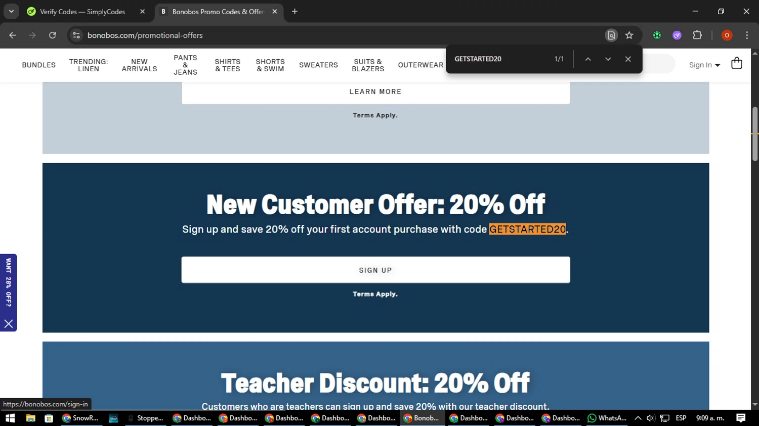Bonobos promo code screenshot showing code GETSTARTED20 applied at Bonobos checkout page. Uploaded by SimplyCodes community member CleverSpotter3730 on Jul 28, 2025