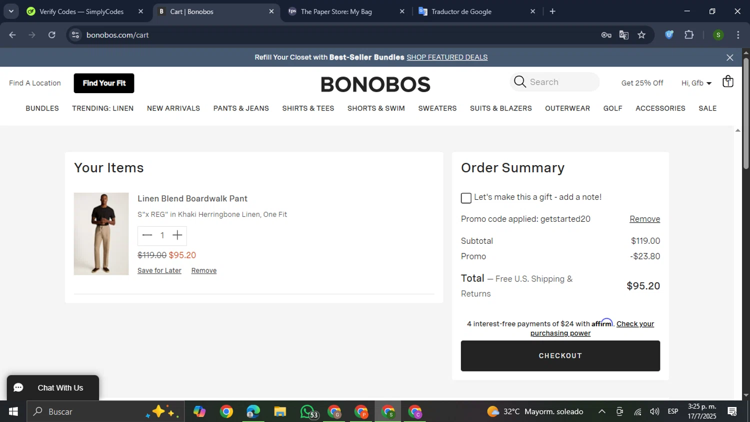Bonobos promo code screenshot showing code GETSTARTED20 applied at Bonobos checkout page. Uploaded by SimplyCodes community member RewardMaverick445 on Jul 17, 2025