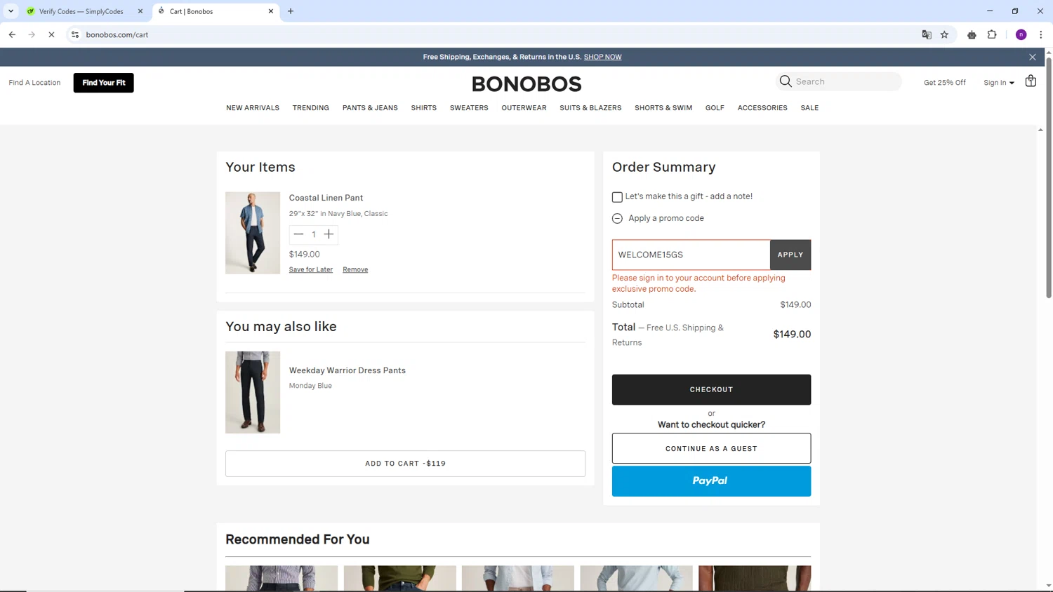 Bonobos promo code screenshot showing code WELCOME15GS applied at Bonobos checkout page. Uploaded by SimplyCodes community member AVAMUSTANG on Apr 22, 2025
