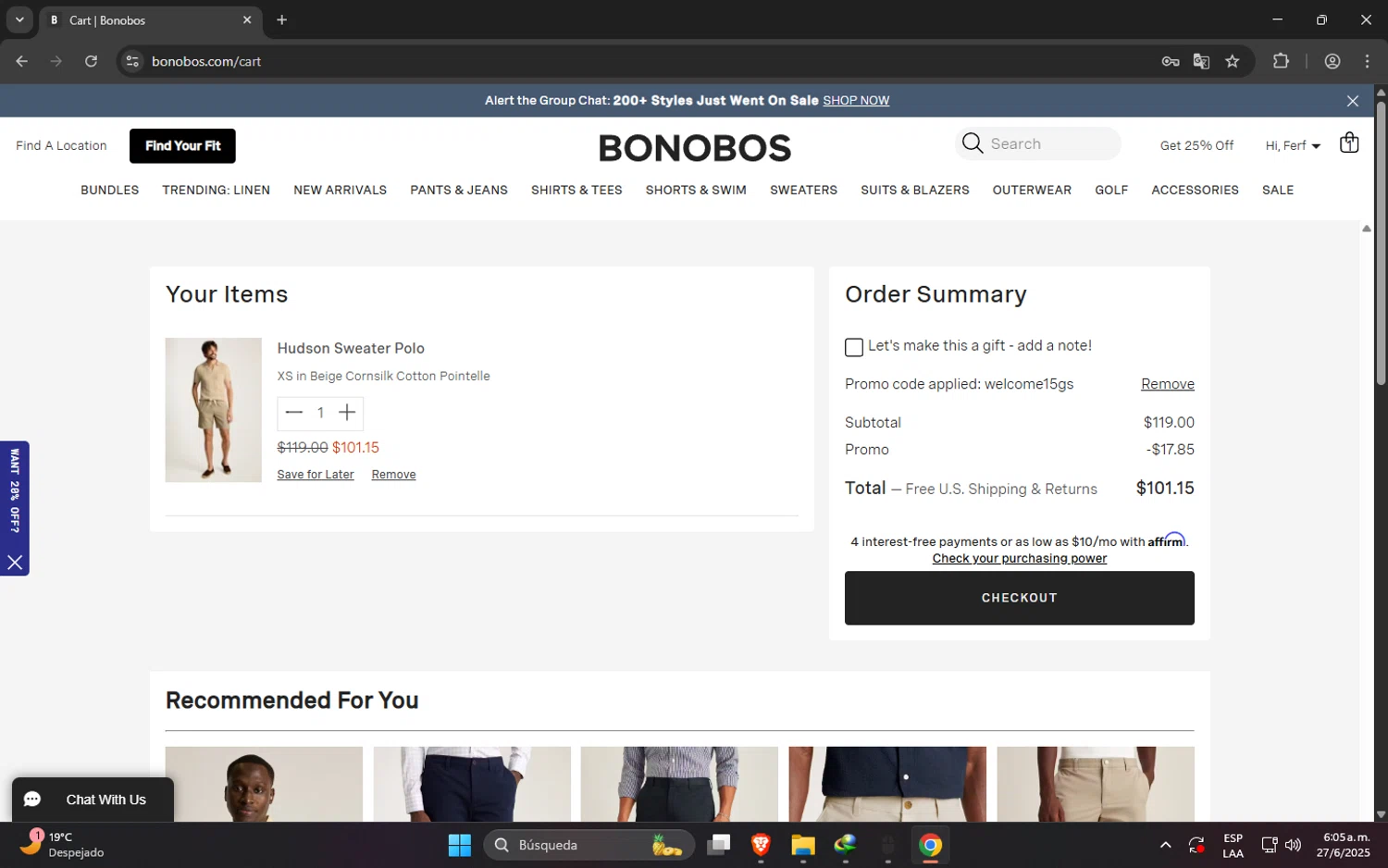 Bonobos promo code screenshot showing code WELCOME15GS applied at Bonobos checkout page. Uploaded by SimplyCodes community member SucreX on Jun 27, 2025