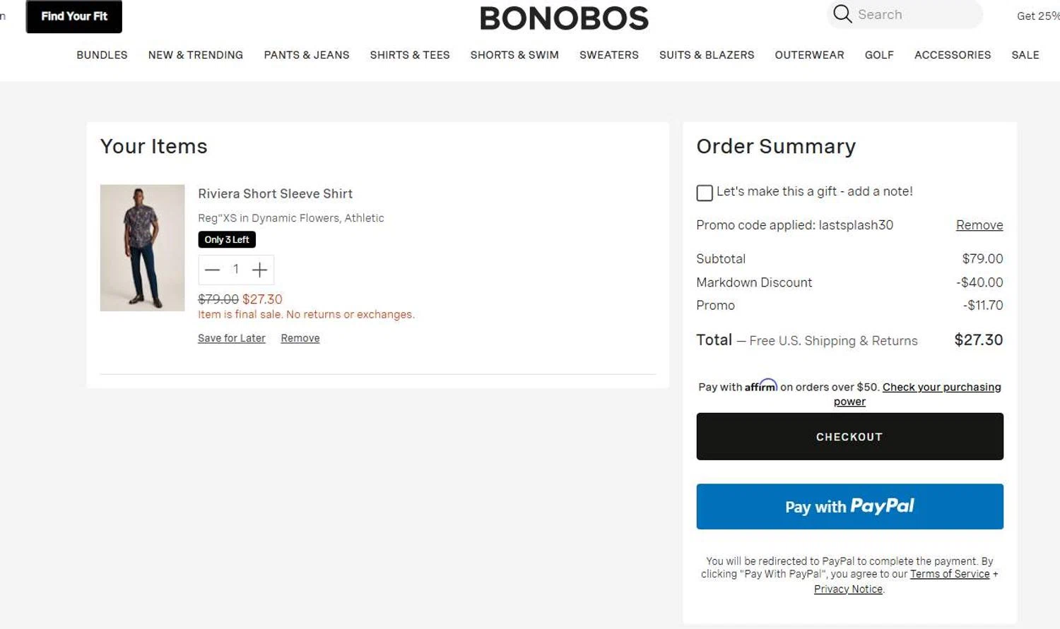 Bonobos promo code screenshot showing code LASTSPLASH30 applied at Bonobos checkout page. Uploaded by SimplyCodes community member 6d796e616d656973 on Aug 20, 2025