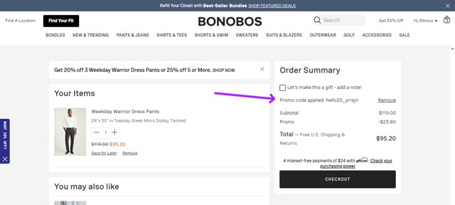 Bonobos checkout page showing Bonobos promo code box | Screenshot taken by SimplyCodes community member on Aug 18, 2025