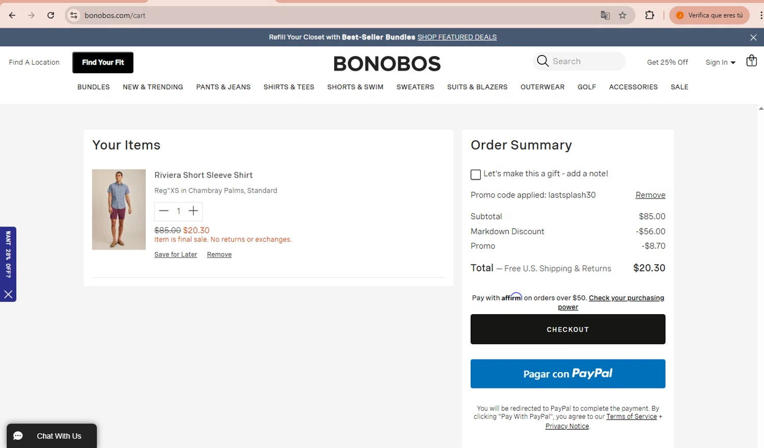 Bonobos promo code screenshot showing code LASTSPLASH30 applied at Bonobos checkout page. Uploaded by SimplyCodes community member PrimeWarden1601 on Aug 20, 2025