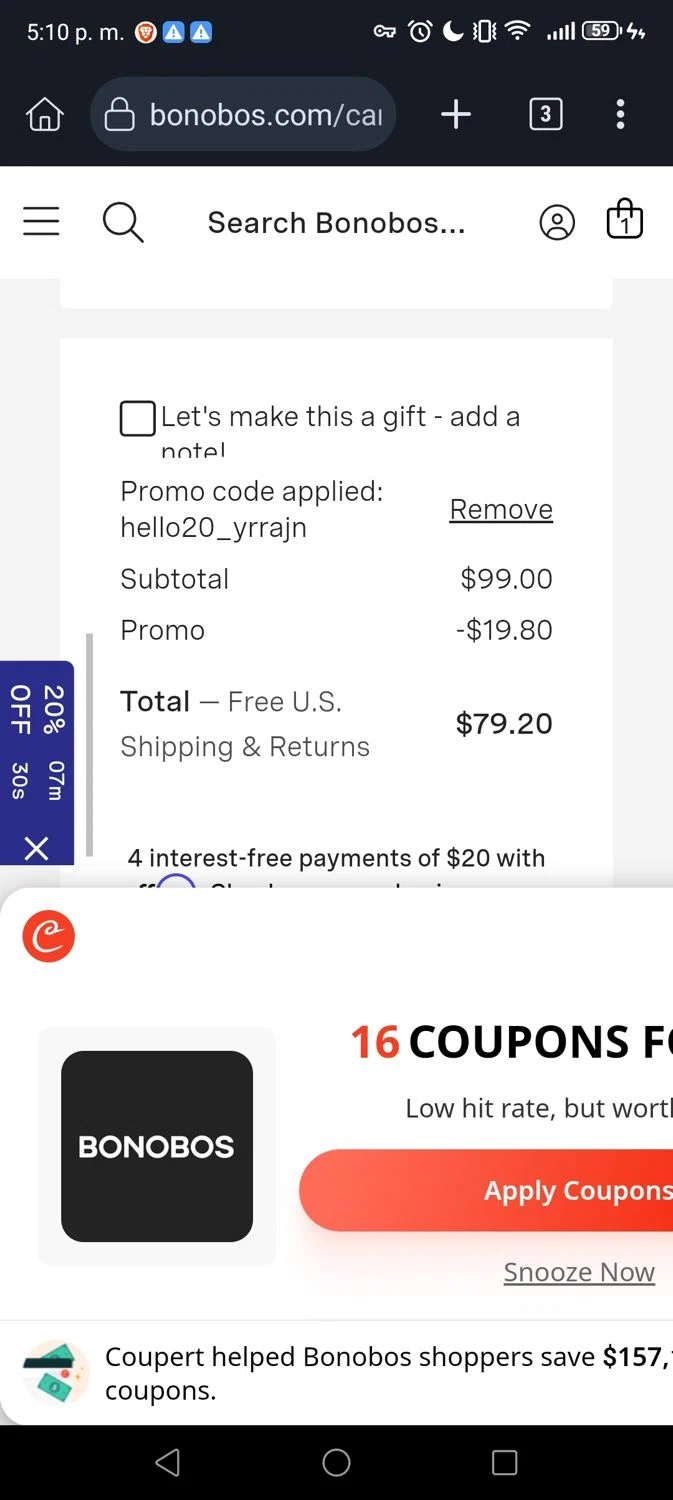 Bonobos promo code screenshot showing code HELLO20_YRRAJN applied at Bonobos checkout page. Uploaded by SimplyCodes community member Divino1 on Aug 18, 2025