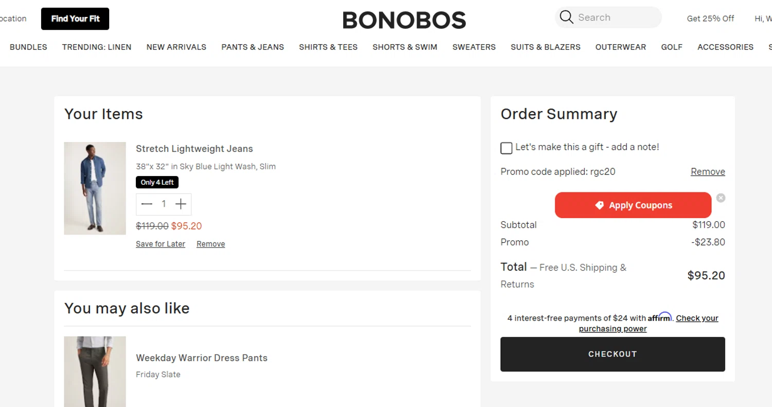 Bonobos promo code screenshot showing code RGC20 applied at Bonobos checkout page. Uploaded by SimplyCodes community member Playwind on Jul 28, 2025