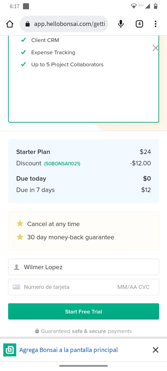 Bonsai checkout page showing Bonsai promo code box | Screenshot taken by SimplyCodes community member on Aug 25, 2022