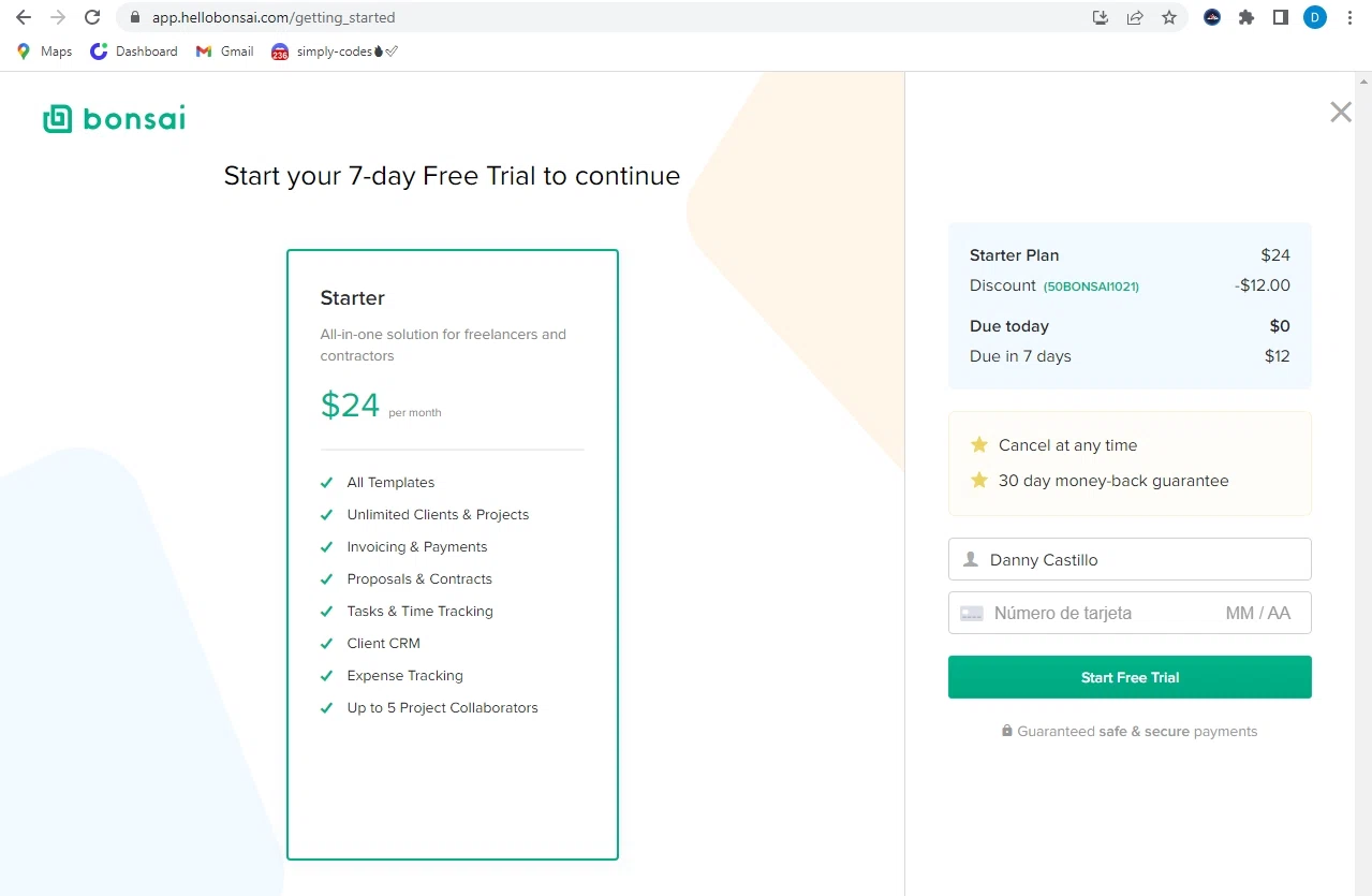 Bonsai checkout page showing Bonsai promo code box | Screenshot taken by SimplyCodes community member on Jul 27, 2022