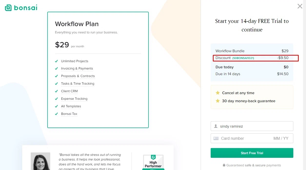 Bonsai checkout page showing Bonsai promo code box | Screenshot taken by SimplyCodes community member on Apr 25, 2022