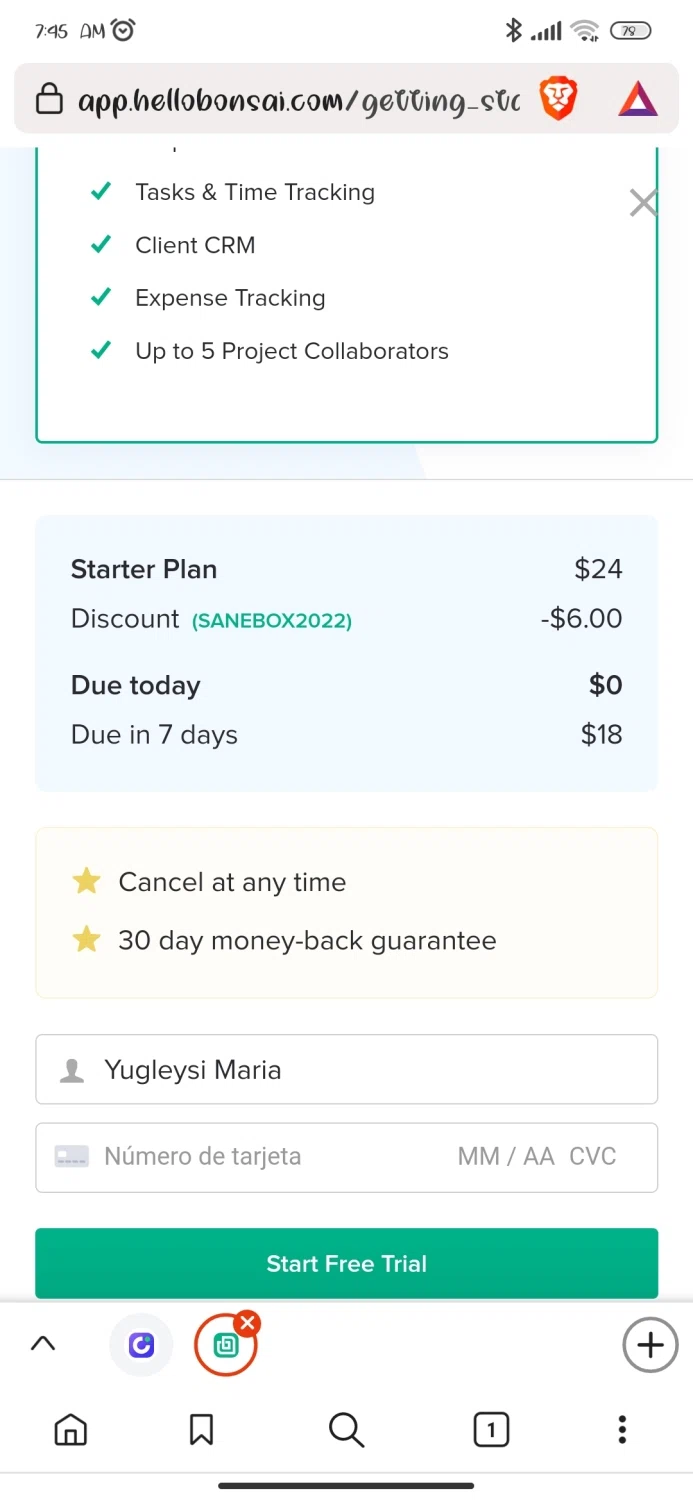 Bonsai checkout page showing Bonsai promo code box | Screenshot taken by SimplyCodes community member on Sep 7, 2022