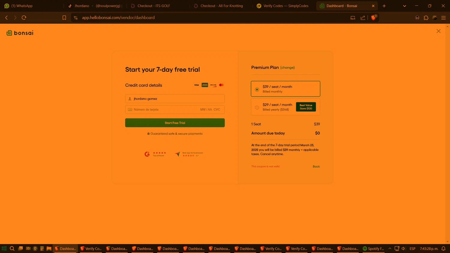 Bonsai promo code screenshot showing code SANEBOX2022 applied at Bonsai checkout page. Uploaded by SimplyCodes community member SimplyGOAT on Mar 16, 2025