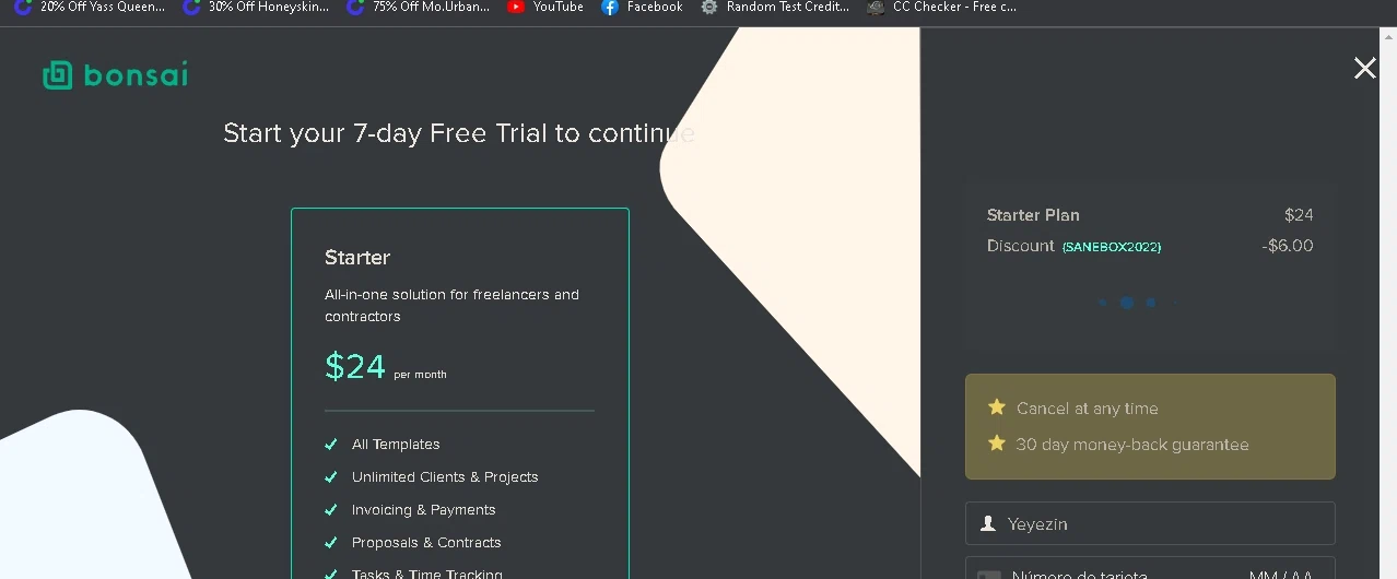 Bonsai checkout page showing Bonsai promo code box | Screenshot taken by SimplyCodes community member on Oct 6, 2022