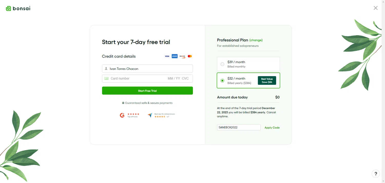 Bonsai checkout page showing Bonsai promo code box | Screenshot taken by SimplyCodes community member on Dec 15, 2023