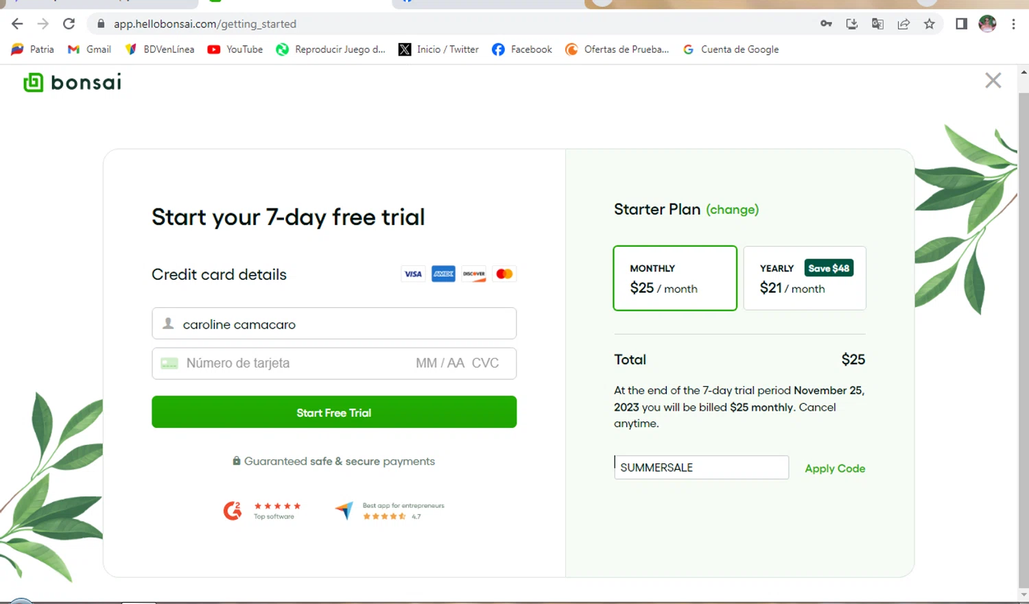 Bonsai checkout page showing Bonsai promo code box | Screenshot taken by SimplyCodes community member on Nov 18, 2023