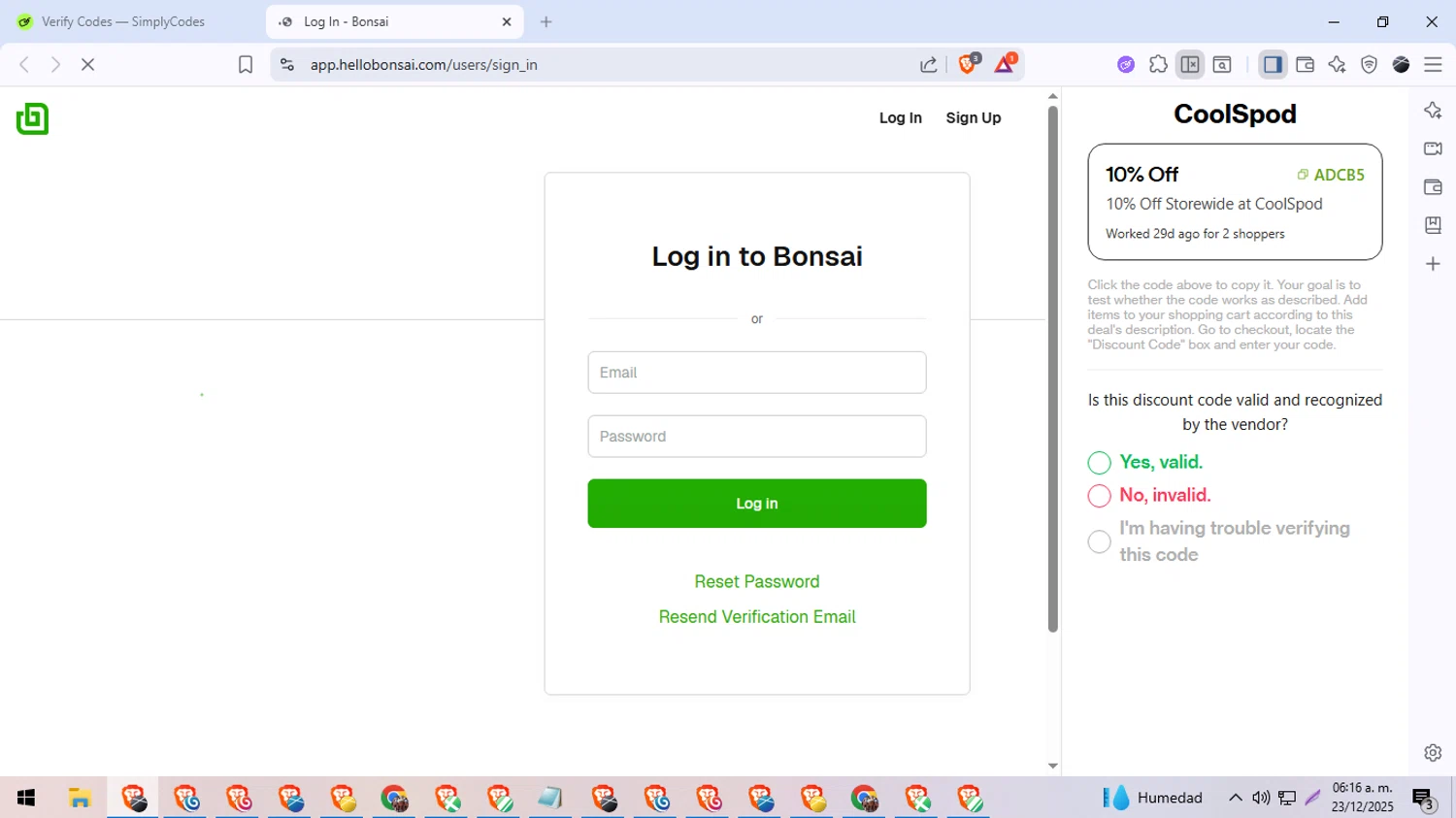 Bonsai promo code screenshot showing code BLACKFRIDAY2025 applied at Bonsai checkout page. Uploaded by SimplyCodes community member DiscountDefender1226 on Dec 23, 2025