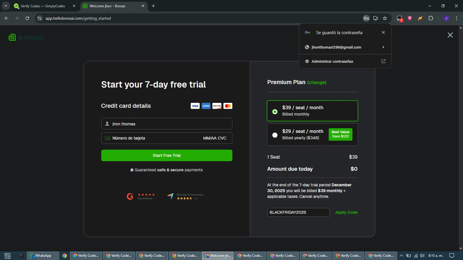 Bonsai promo code screenshot showing code BLACKFRIDAY2025 applied at Bonsai checkout page. Uploaded by SimplyCodes community member WiseMaven9968 on Dec 23, 2025