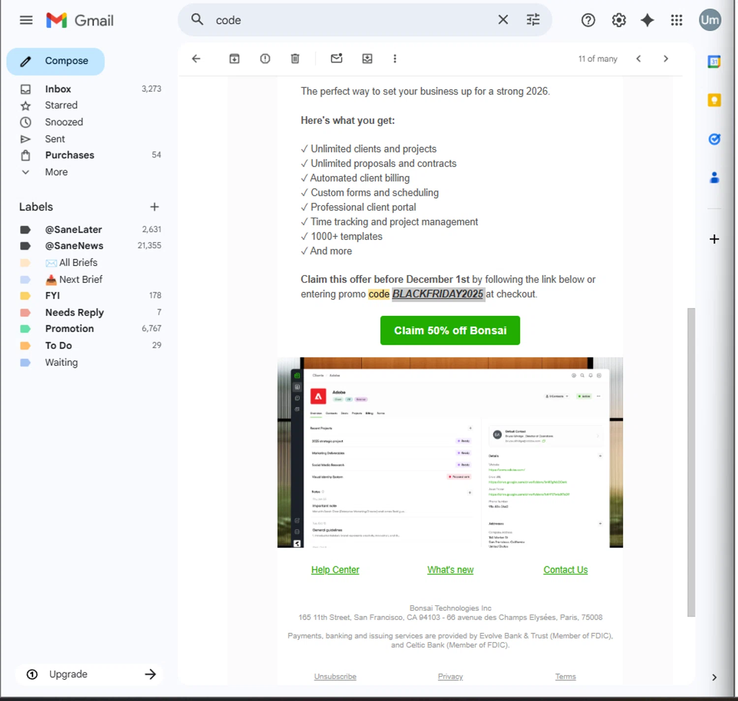 Bonsai promo code screenshot showing code BLACKFRIDAY2025 applied at Bonsai checkout page. Uploaded by SimplyCodes community member PillarsofCreation on Nov 21, 2025