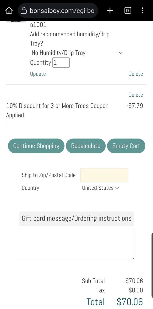 Bonsai Boy of New York checkout page showing Bonsai Boy of New York promo code box | Screenshot taken by SimplyCodes community member on Jun 20, 2025