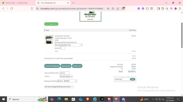 Bonsai Boy of New York checkout page showing Bonsai Boy of New York promo code box | Screenshot taken by SimplyCodes community member on Jul 25, 2025