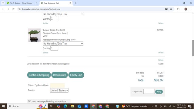 Bonsai Boy of New York checkout page showing Bonsai Boy of New York promo code box | Screenshot taken by SimplyCodes community member on May 9, 2025