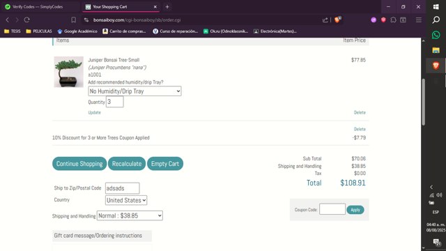 Bonsai Boy of New York checkout page showing Bonsai Boy of New York promo code box | Screenshot taken by SimplyCodes community member on Aug 8, 2025