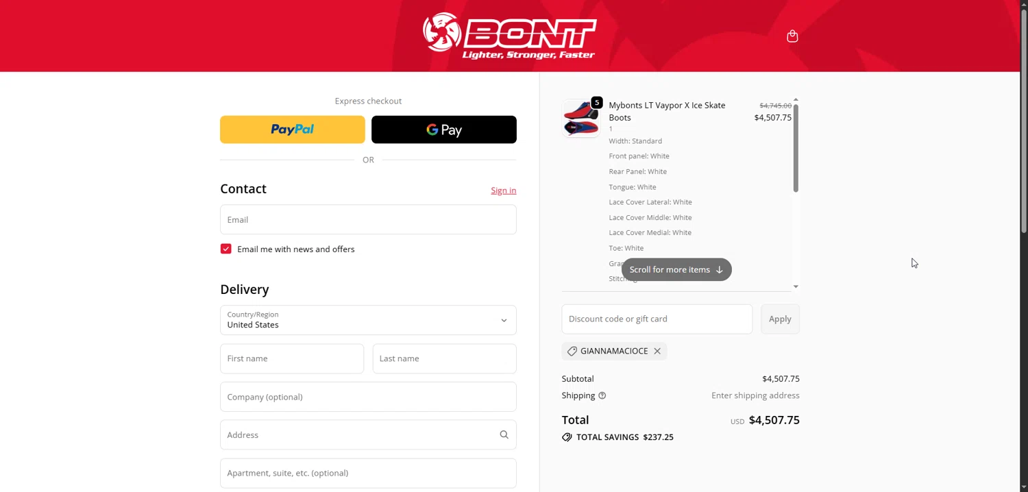 Bont discount code screenshot showing code GIANNAMACIOCE applied at Bont checkout page. Uploaded by SimplyCodes community member Enmanuel99 on Nov 30, 2025