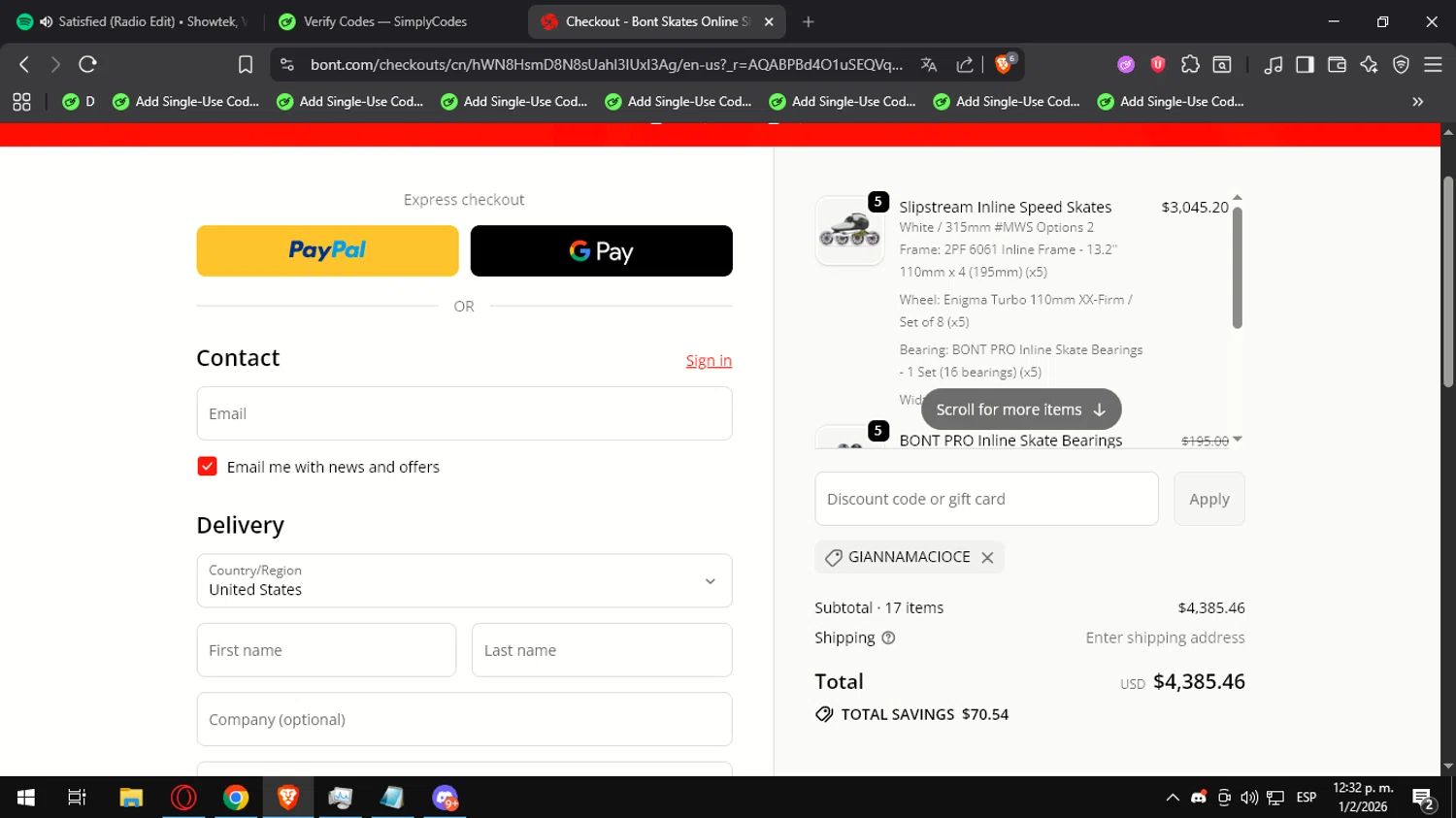 Bont discount code screenshot showing code GIANNAMACIOCE applied at Bont checkout page. Uploaded by SimplyCodes community member Ultrapapu on Feb 1, 2026