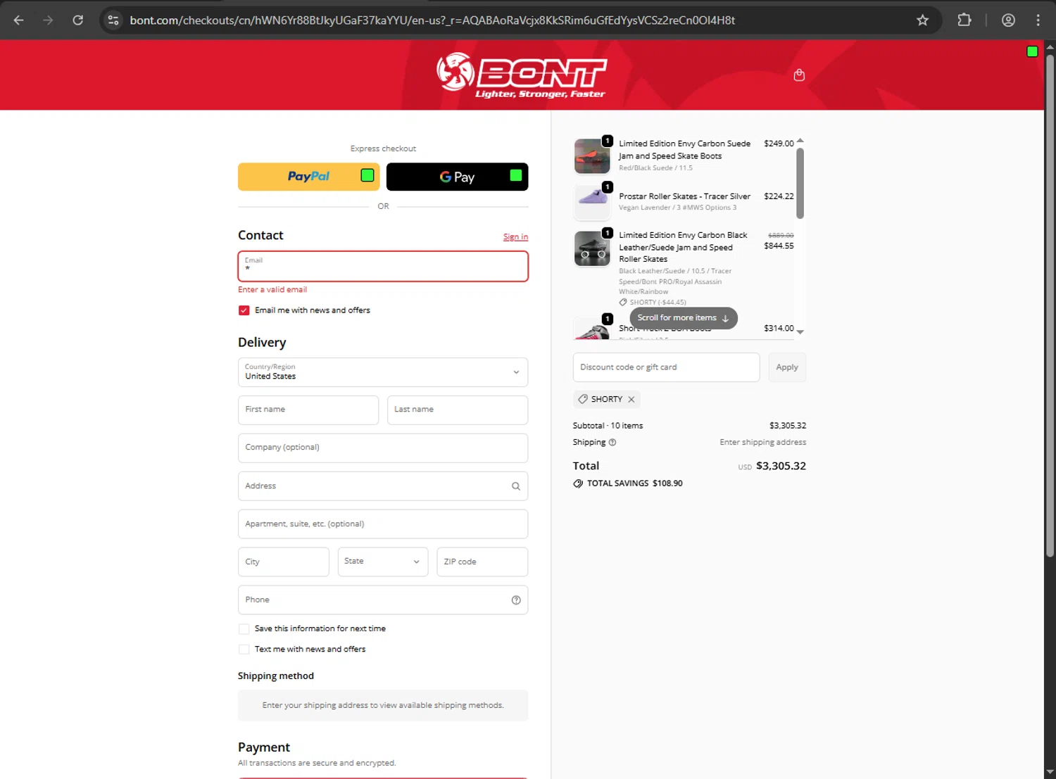 Bont discount code screenshot showing code SHORTY applied at Bont checkout page. Uploaded by SimplyCodes community member webopeluo on Dec 18, 2025