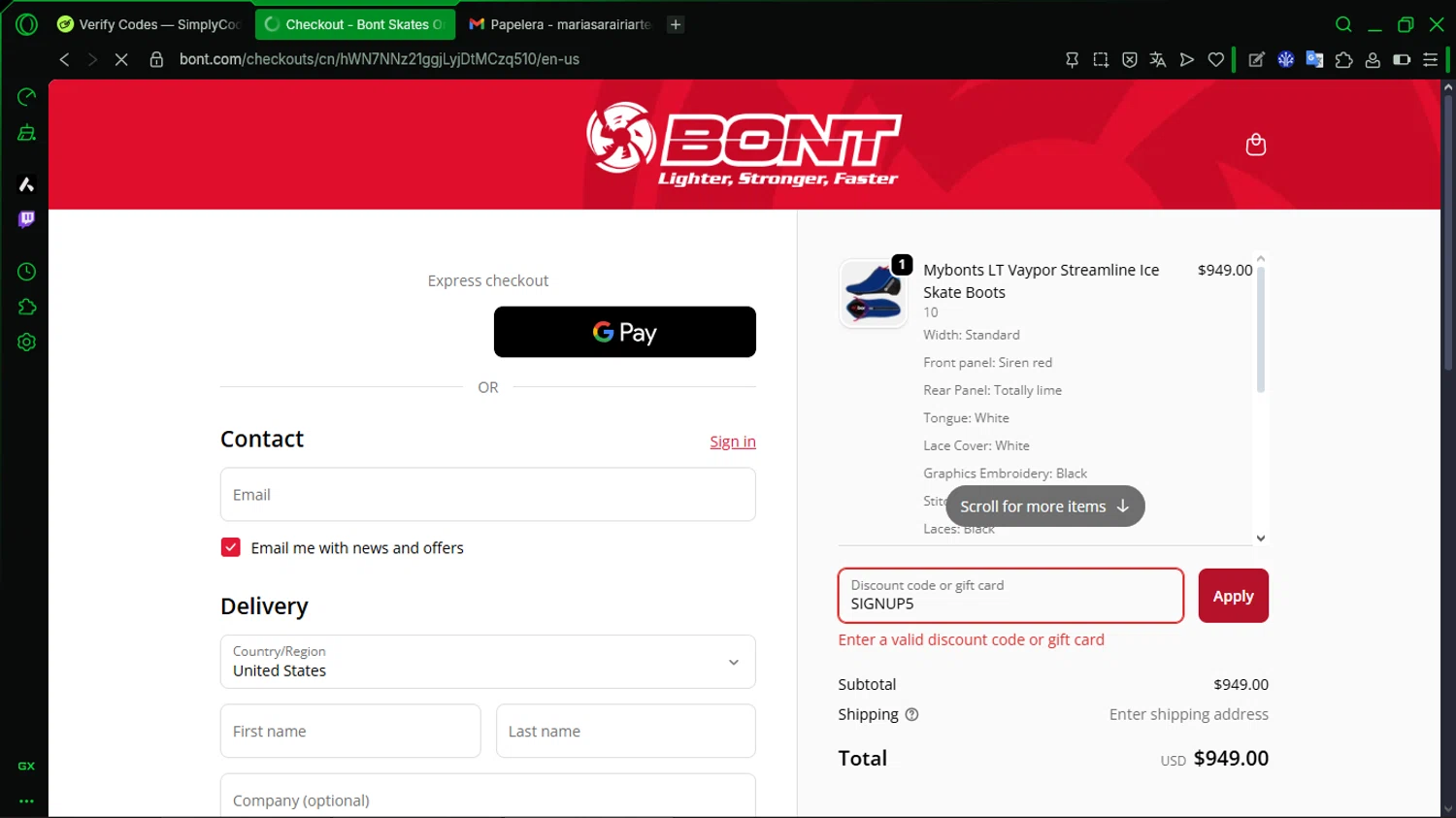 Bont discount code screenshot showing code SIGNUP5 applied at Bont checkout page. Uploaded by SimplyCodes community member MoneySentinel1166 on Jan 8, 2026
