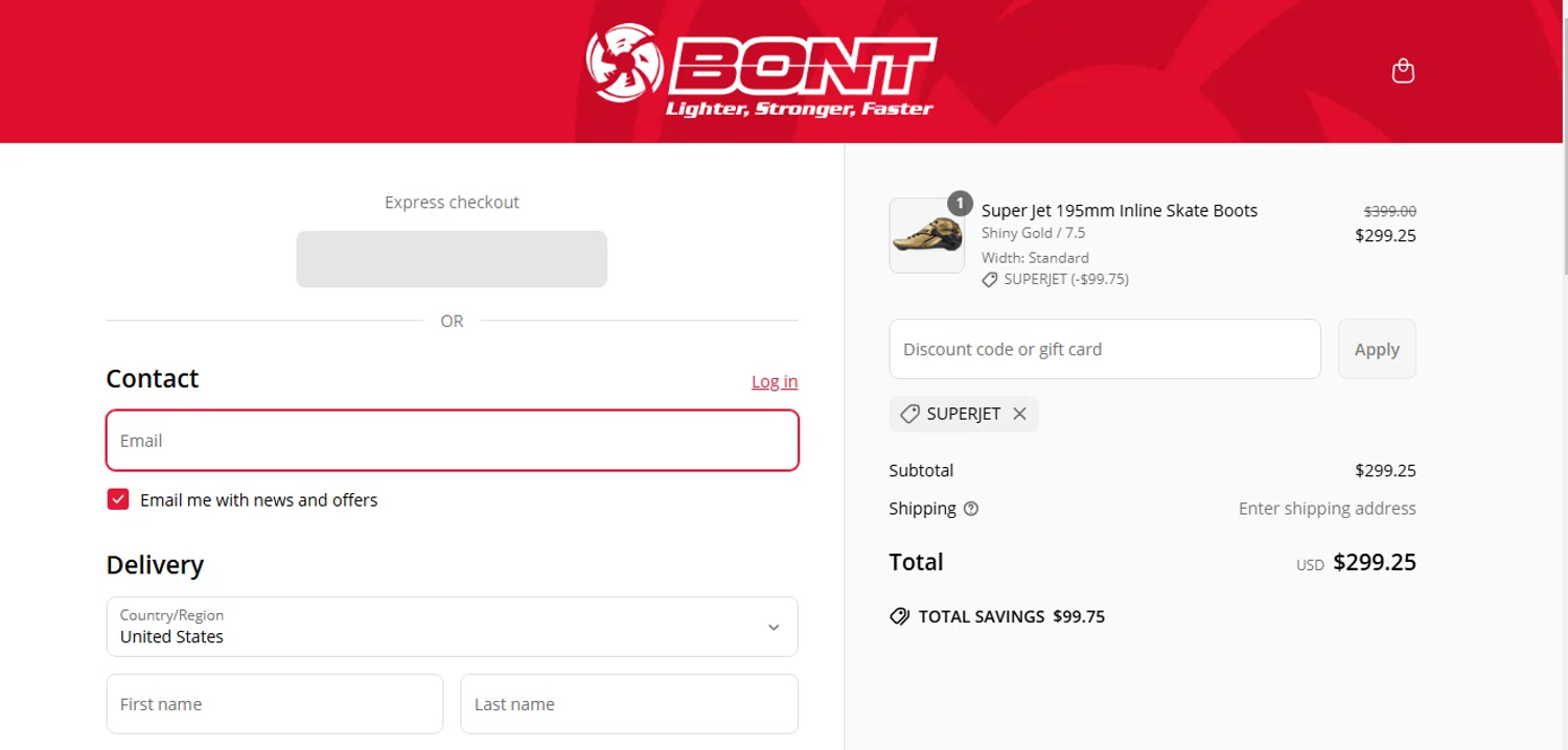 Bont discount code screenshot showing code SUPERJET applied at Bont checkout page. Uploaded by SimplyCodes community member shark12 on Mar 28, 2025