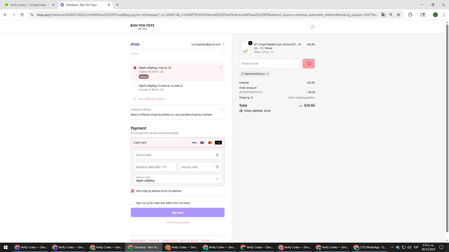 Bon Ton Toys promo code screenshot showing code bontontoys10 applied at Bon Ton Toys checkout page. Uploaded by SimplyCodes community member DUCATI on Dec 28, 2025