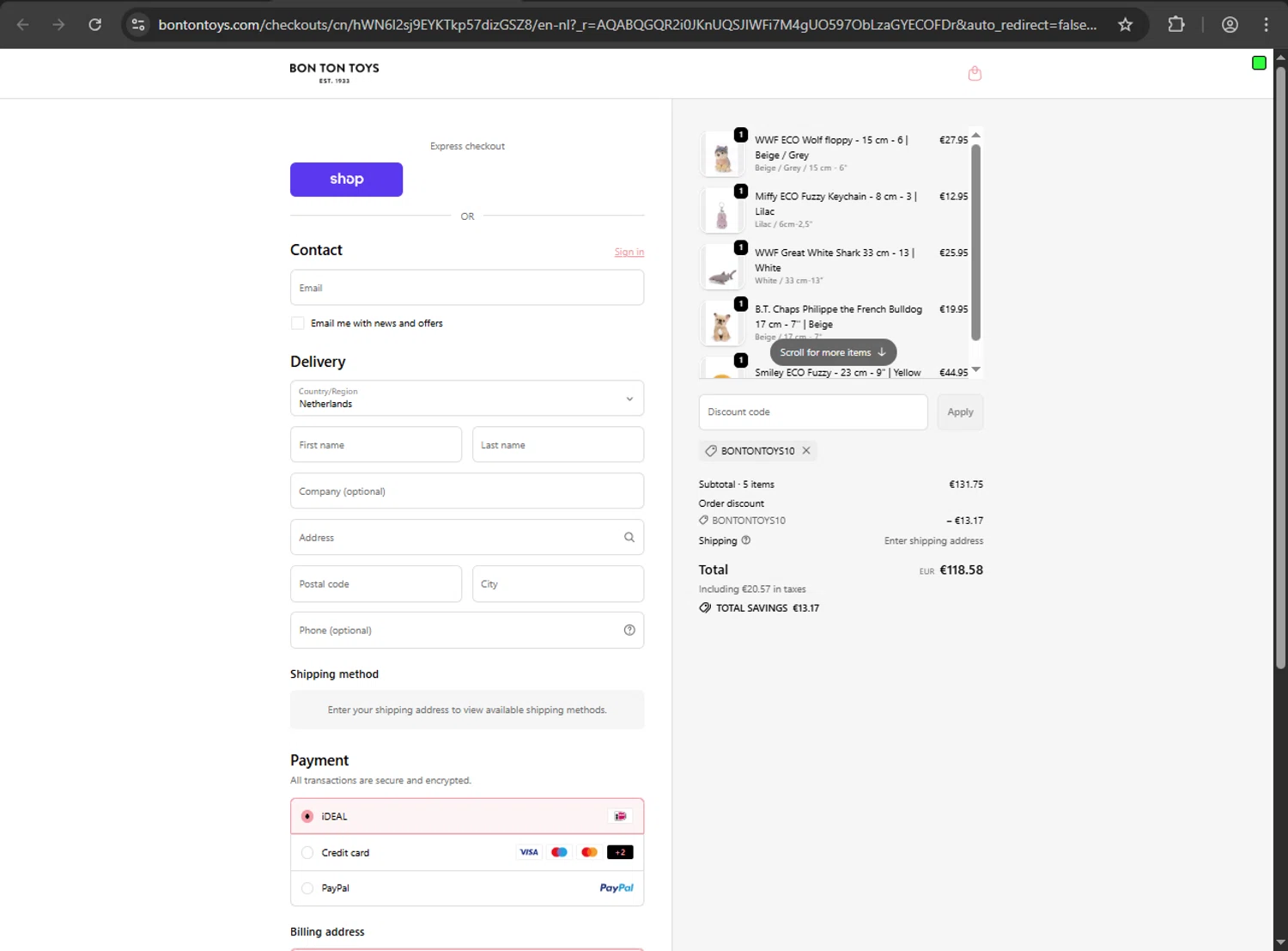 Bon Ton Toys promo code screenshot showing code bontontoys10 applied at Bon Ton Toys checkout page. Uploaded by SimplyCodes community member ValiantFox2134 on Dec 23, 2025