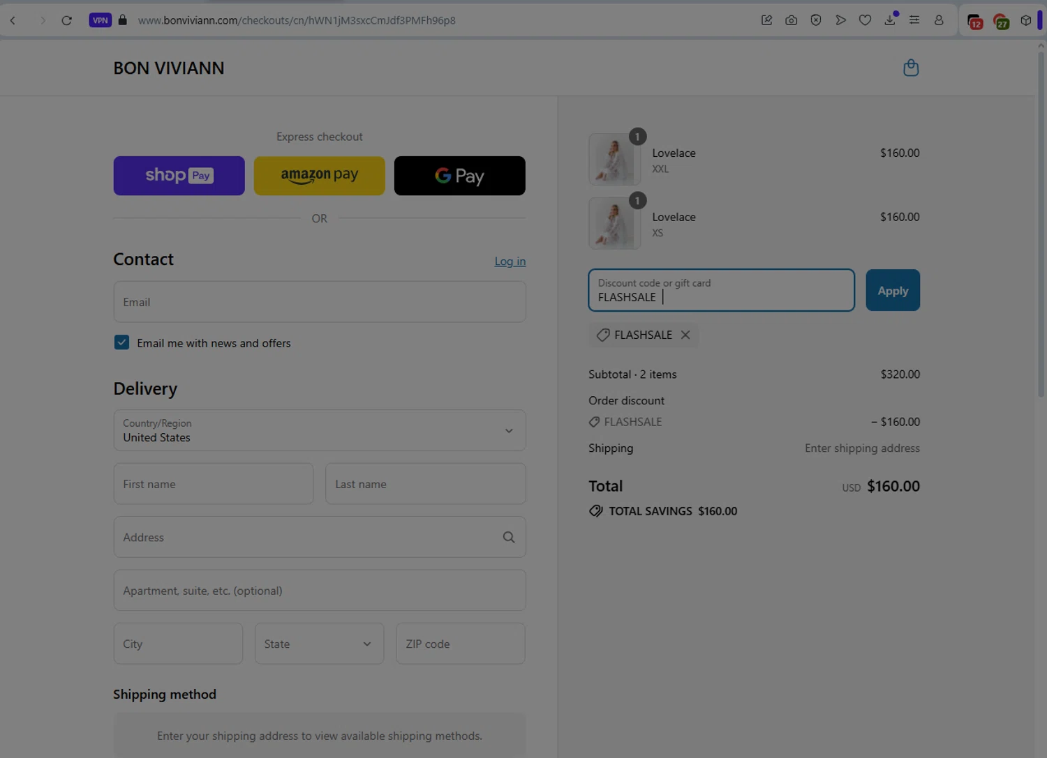 Bon Viviann promo code screenshot showing code FLASHSALE applied at Bon Viviann checkout page. Uploaded by SimplyCodes community member LukaModric on Aug 12, 2025