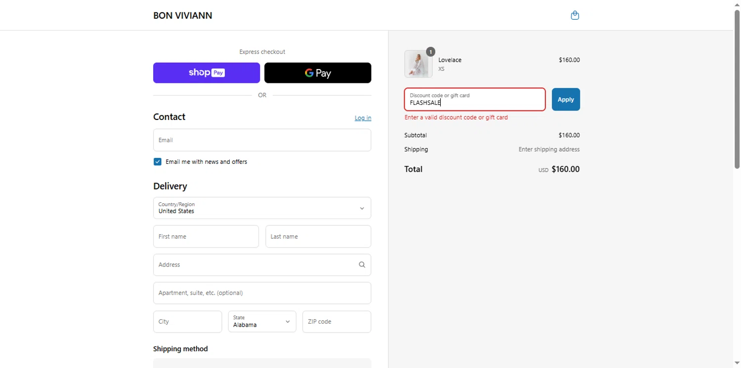 Bon Viviann promo code screenshot showing code FLASHSALE applied at Bon Viviann checkout page. Uploaded by SimplyCodes community member renegul on Aug 12, 2025