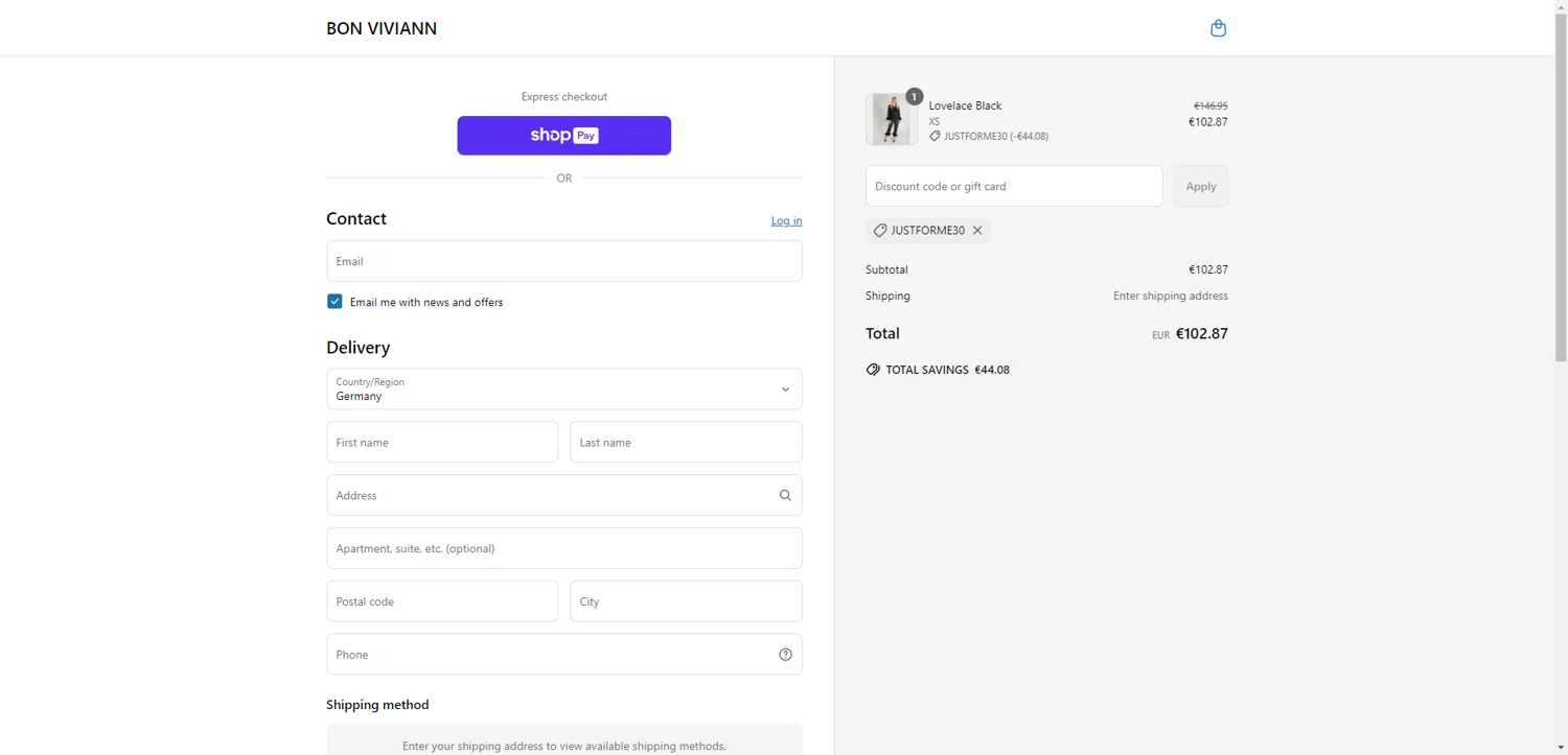 Bon Viviann promo code screenshot showing code Justforme30 applied at Bon Viviann checkout page. Uploaded by SimplyCodes community member CashSentinel5495 on May 13, 2025