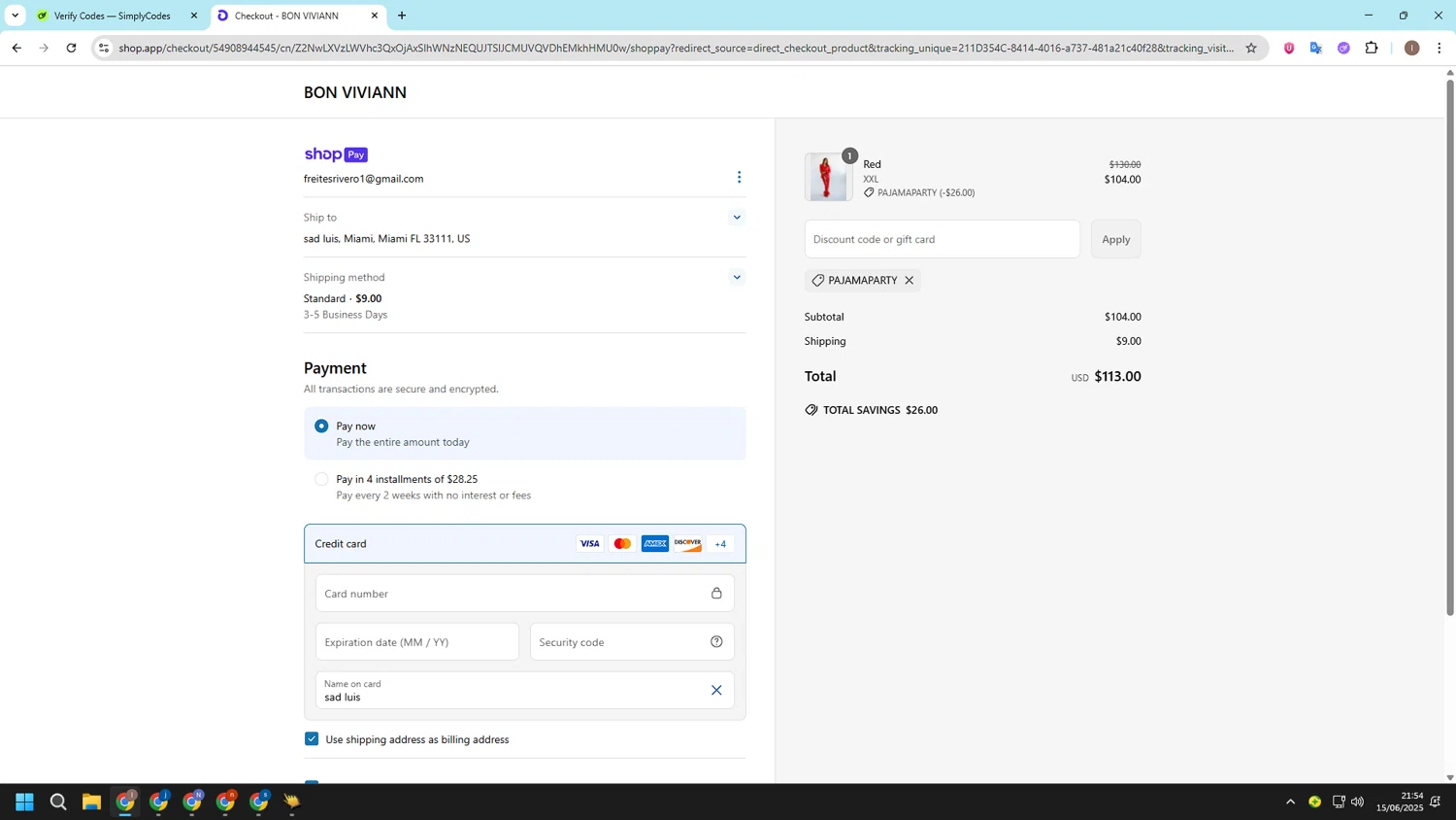 Bon Viviann promo code screenshot showing code pajamaparty applied at Bon Viviann checkout page. Uploaded by SimplyCodes community member CashSleuth106 on Jun 16, 2025