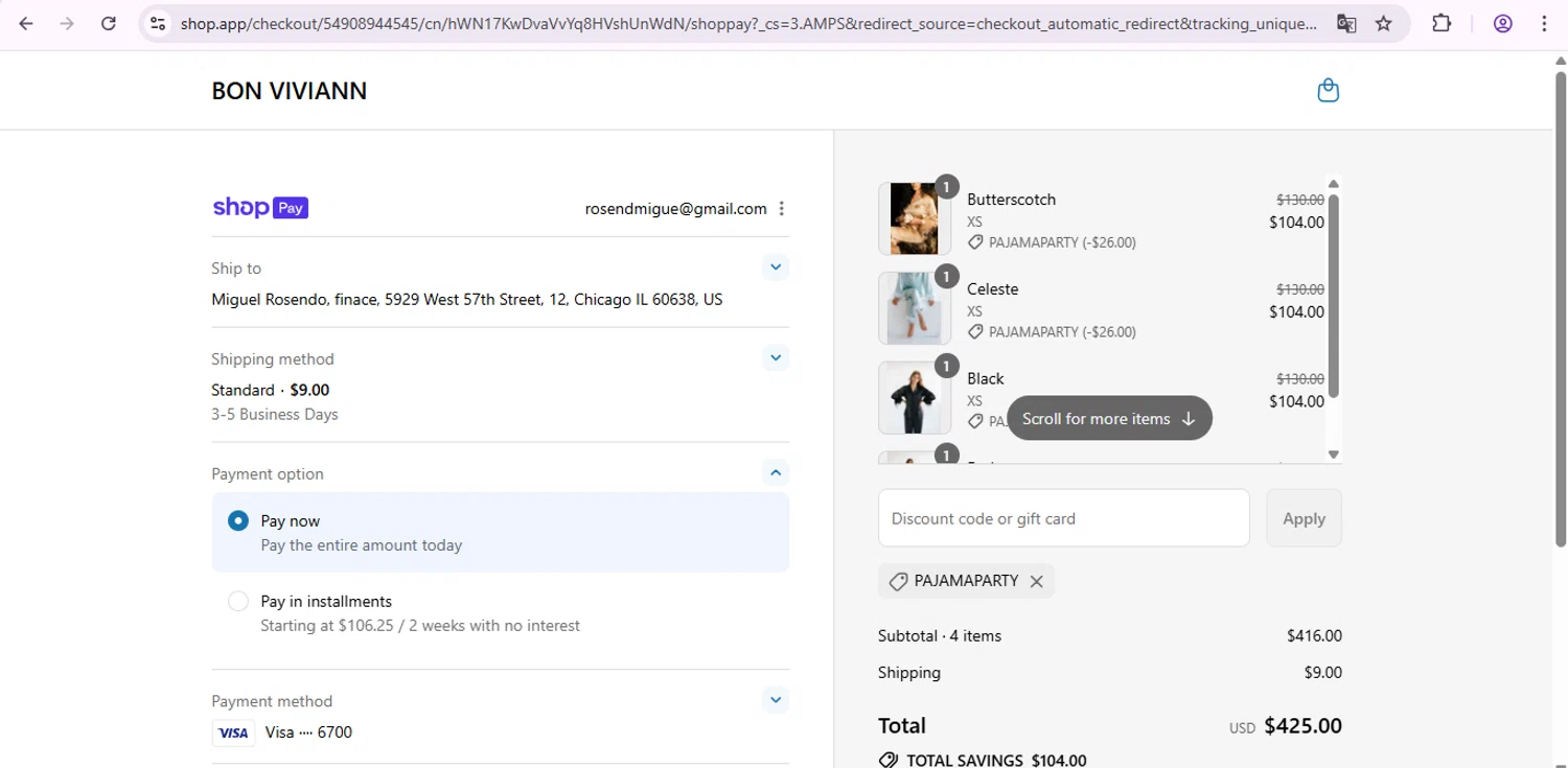 Bon Viviann promo code screenshot showing code pajamaparty applied at Bon Viviann checkout page. Uploaded by SimplyCodes community member SaleSentinel7319 on Jul 27, 2025