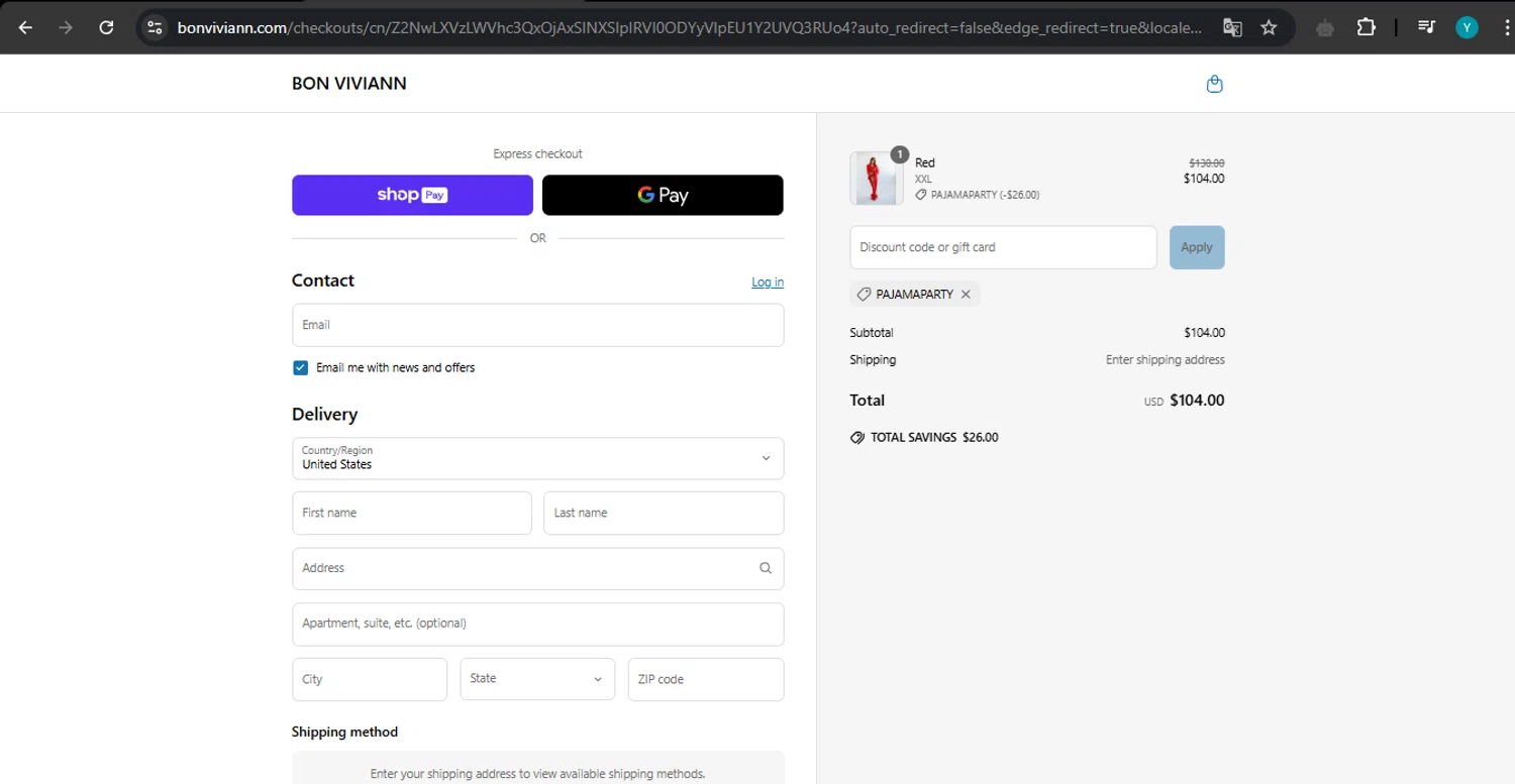 Bon Viviann promo code screenshot showing code pajamaparty applied at Bon Viviann checkout page. Uploaded by SimplyCodes community member ValueTiger695 on Apr 27, 2025