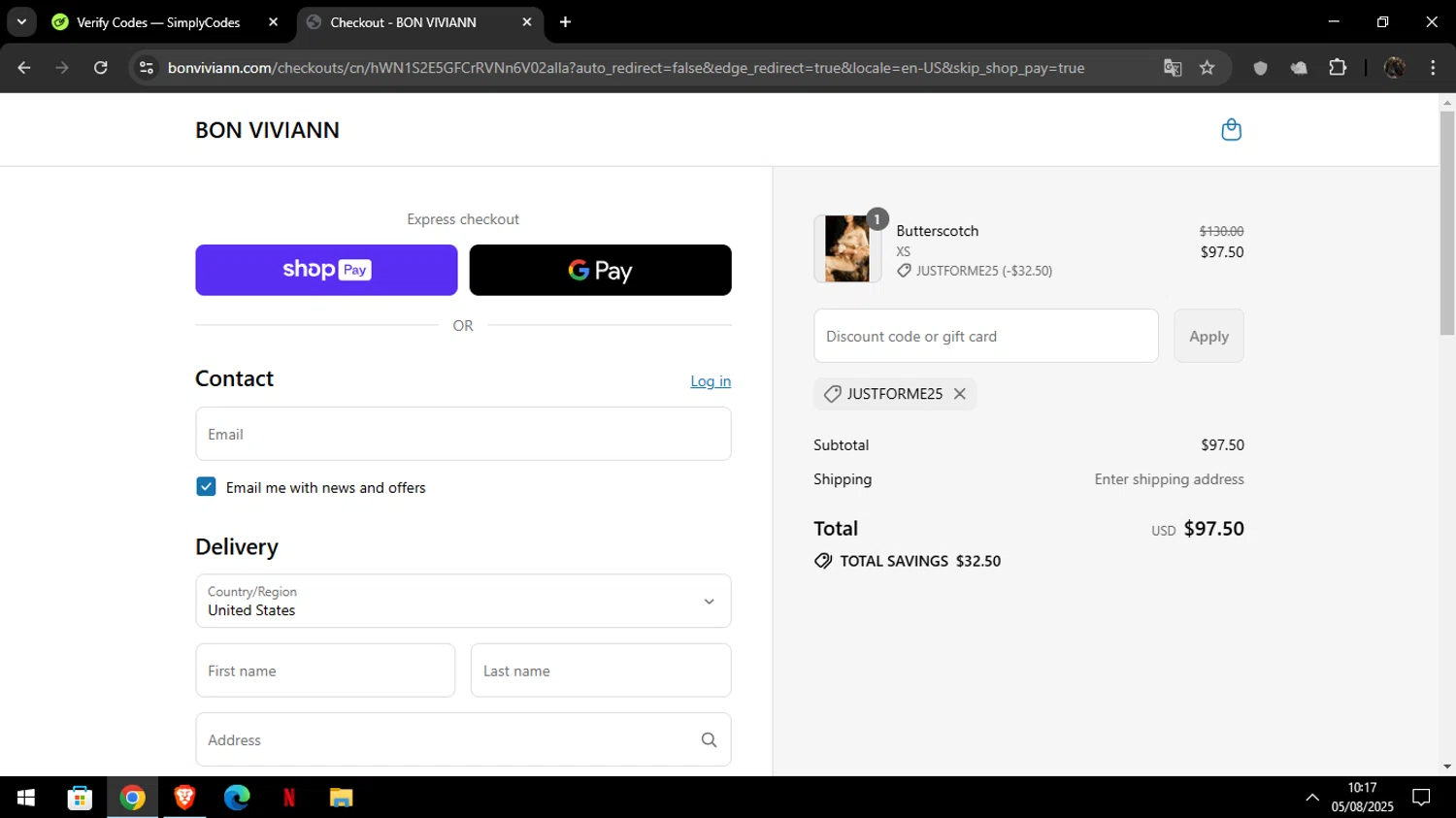 Bon Viviann promo code screenshot showing code Justforme25 applied at Bon Viviann checkout page. Uploaded by SimplyCodes community member Luckystrike on Aug 5, 2025