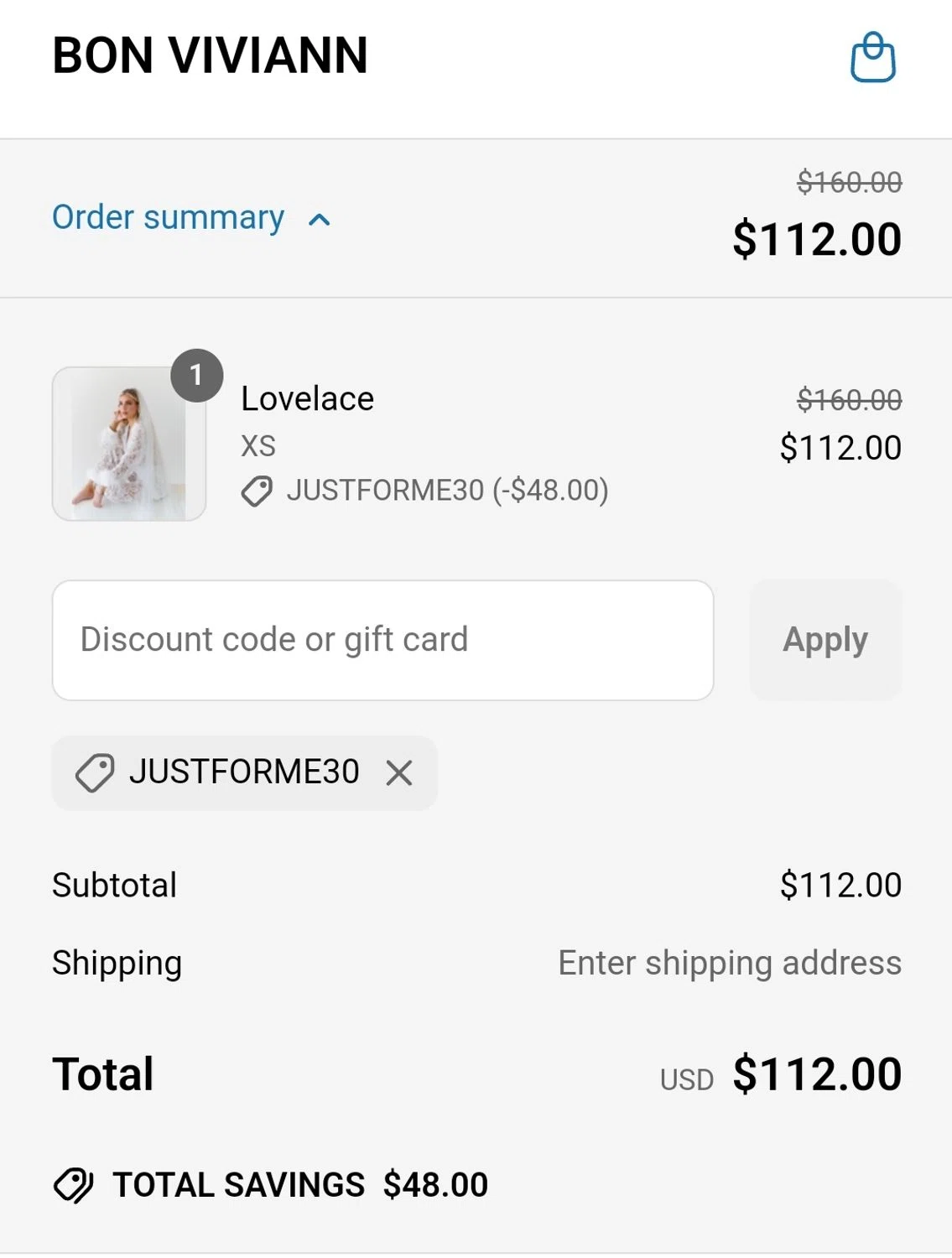Bon Viviann promo code screenshot showing code Justforme30 applied at Bon Viviann checkout page. Uploaded by SimplyCodes community member ArgyArgy on May 13, 2025