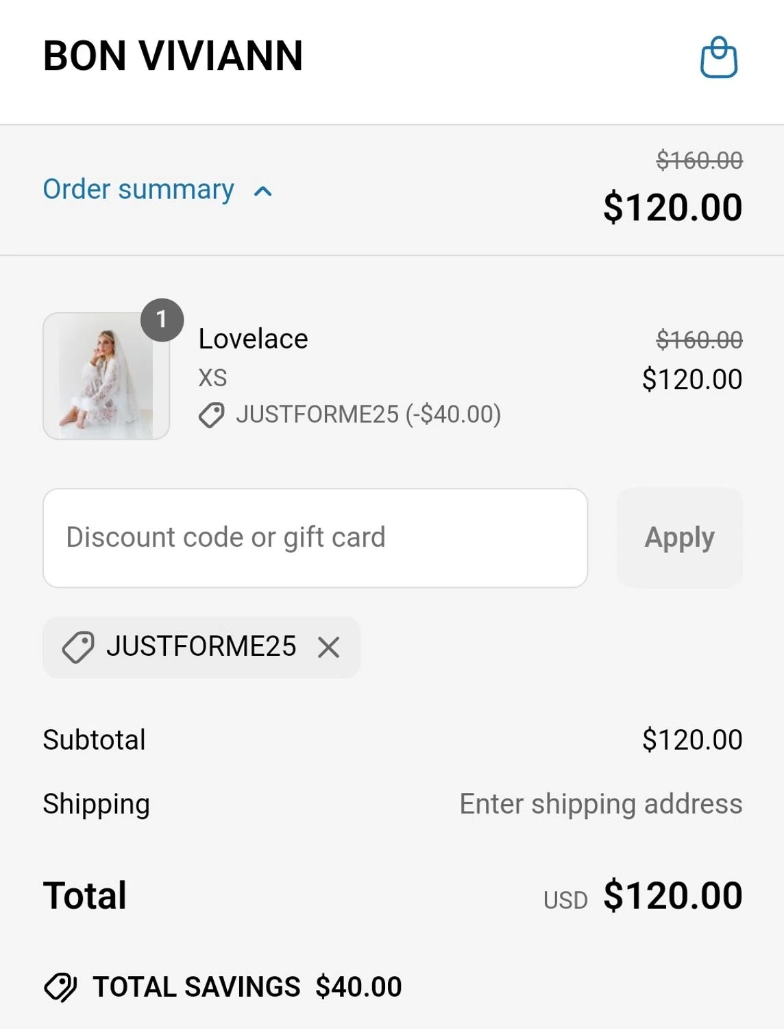 Bon Viviann promo code screenshot showing code Justforme25 applied at Bon Viviann checkout page. Uploaded by SimplyCodes community member ArgyArgy on May 5, 2025